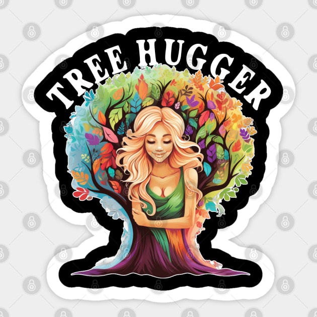 Tree Hugger Woman Hugging Tree Rainbow Colors Nature Lover Sticker by Funny Stuff Club